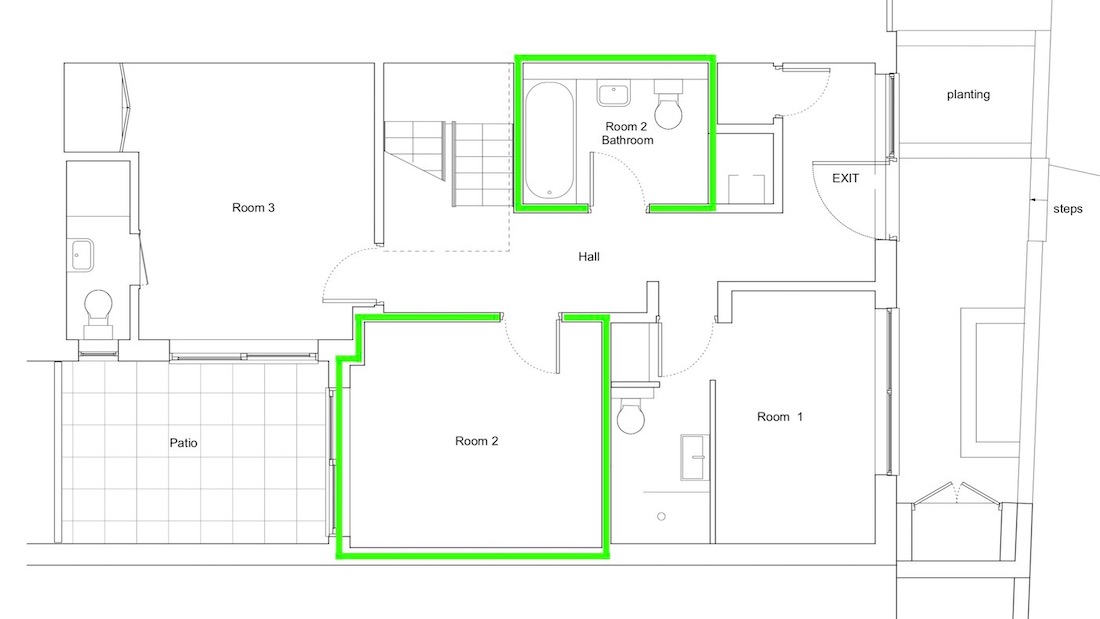 Room two floor plan showing separate private bathroom. For the exclusive use of room two.