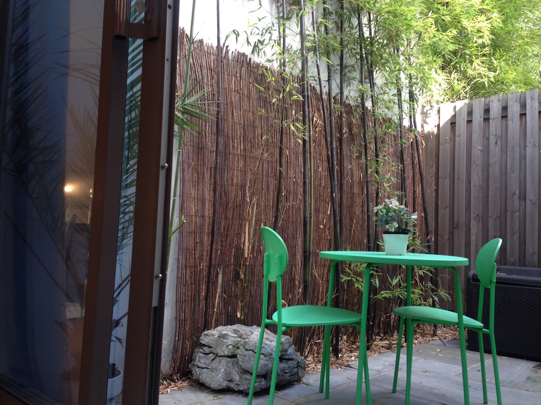 Looking through privacy glass onto shared non-smoking patio. A tranquil space shaded by black bamboo.